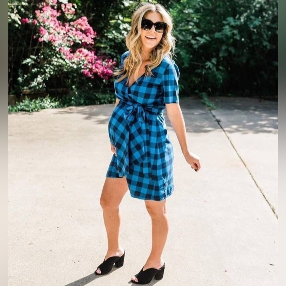 Draper James Buffalo Check Plaid Tie Waist Faux Wrap Dress -Blue & Black -Medium - Picture 8 of 12